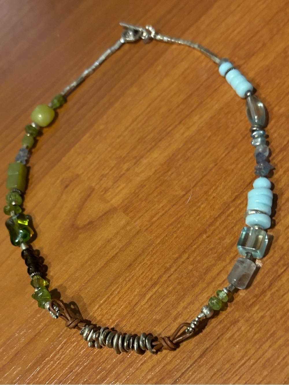 Artisan Green and Light Blue Mixed Media Necklace with Silver Accents